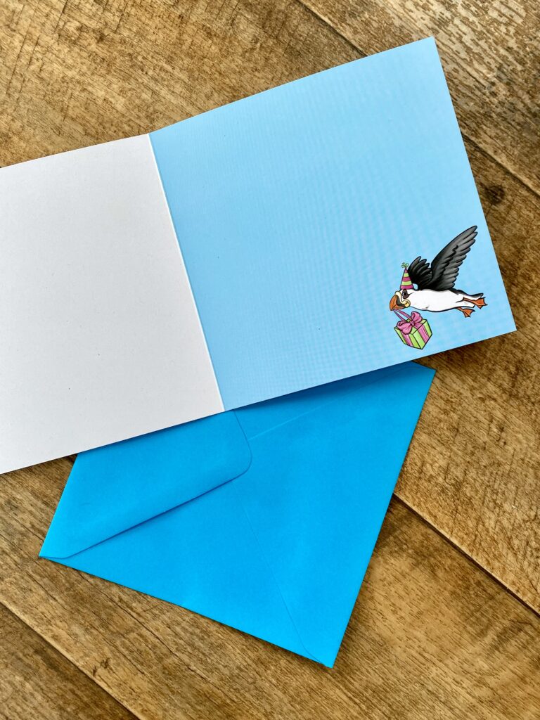 Puffin birthday card in English and Scottish Gaelic