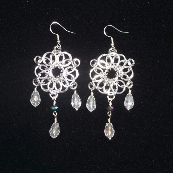 Chainmaille Flower with AB Glass Beads Drop Earrings - handmade by Quiet Space Arts