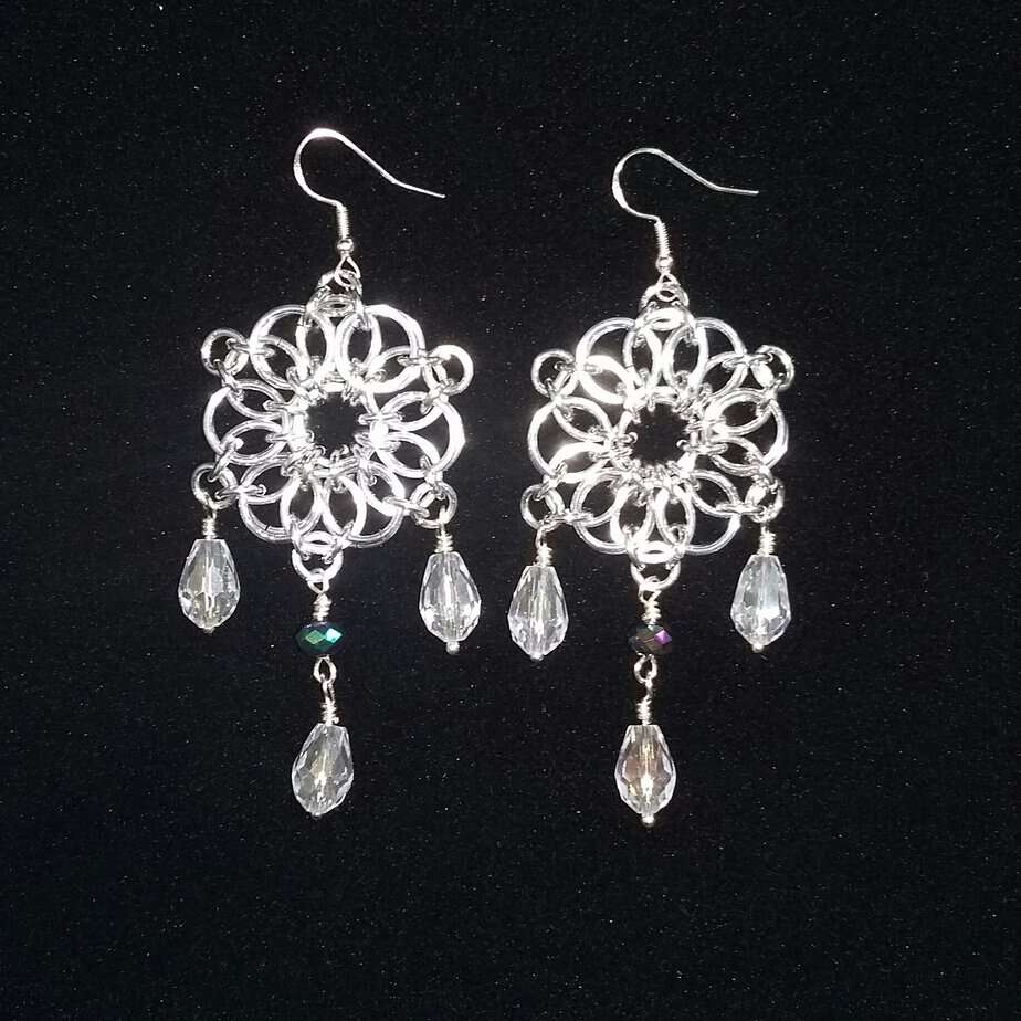 Chainmaille Flower with AB Glass Beads Drop Earrings - handmade by Quiet Space Arts