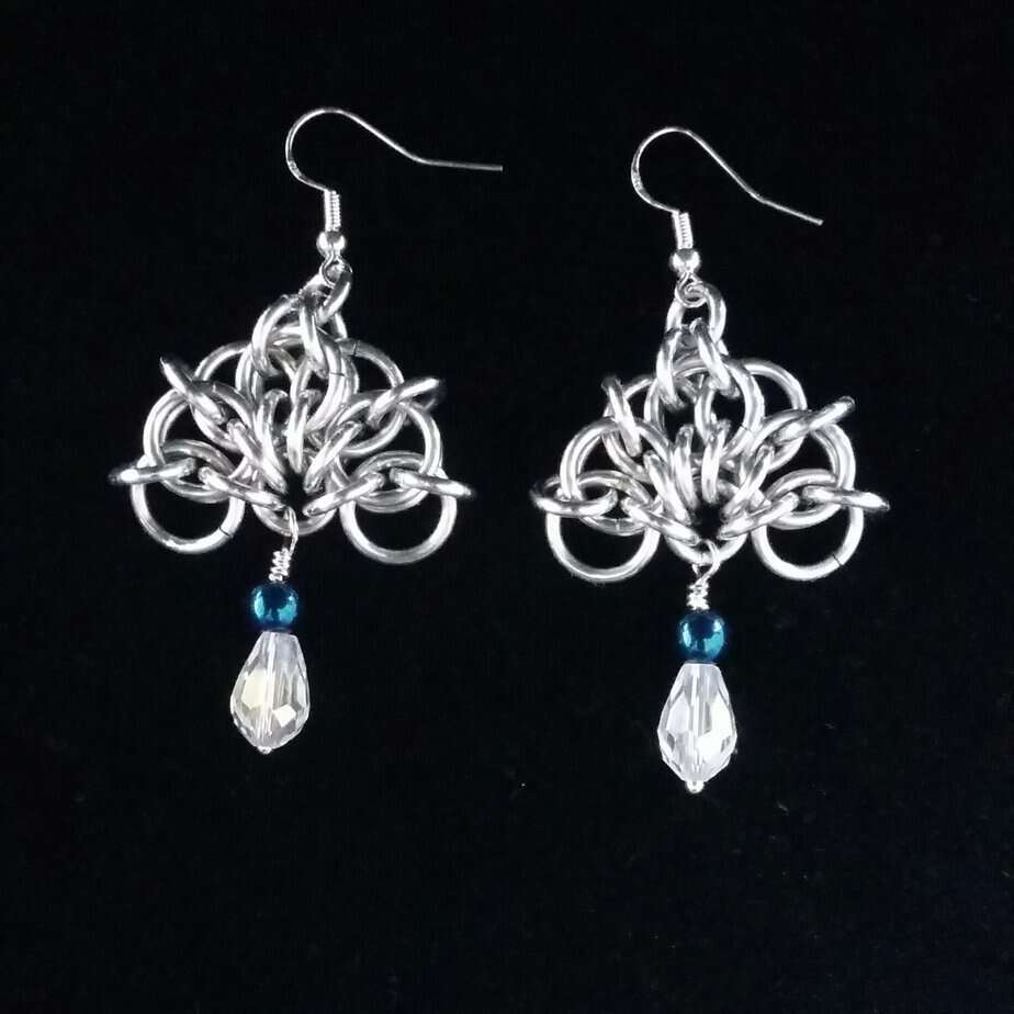 Chainmaille and Blue Haematite Open Fan Drop Earrings - Image 2