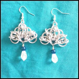 Chainmaille and Blue Haematite Open Fan Drop Earrings - Image 3
