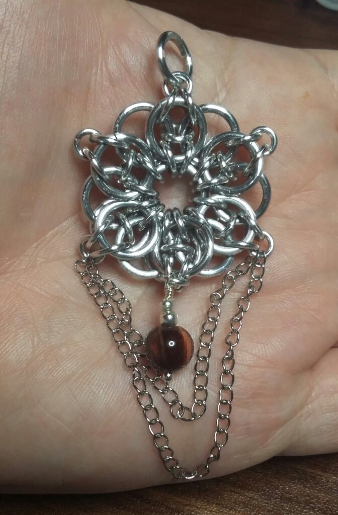 Chainmaille Chains and Tigers Eye Pendant - handmade by Quiet Space Arts (view 3)
