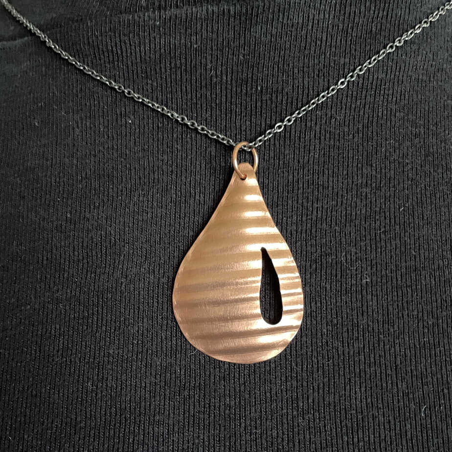Copper 3D Corrugated Teardrop Pendant with cut out - handmade by Brue Art (view 2)