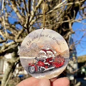 Biker Santa Claus on motorcycle - wooden Christmas tree decoration - handmade by Jazz Buchanan Creations (view 2)