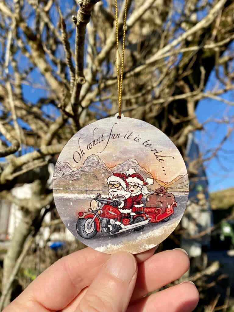 Biker Santa Claus on motorcycle - wooden Christmas tree decoration - handmade by Jazz Buchanan Creations (view 2)