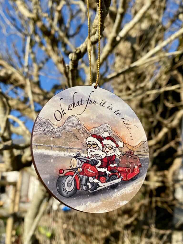 Biker Santa Claus on motorcycle - wooden Christmas tree decoration - handmade by Jazz Buchanan Creations