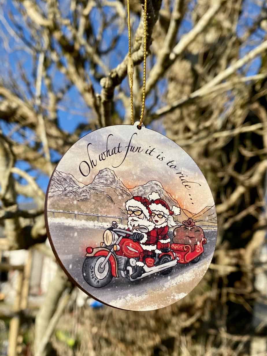 Biker Santa Claus on motorcycle - wooden Christmas tree decoration - handmade by Jazz Buchanan Creations