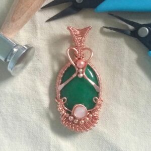 Green Spar Stone with Rose Quartz Copper Intricate Weft Pendant - handmade by Quiet Space Arts (view 2)