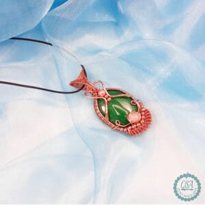 Green Spar Stone with Rose Quartz Copper Intricate Weft Pendant - handmade by Quiet Space Arts (view 5)