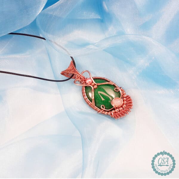 Green Spar Stone with Rose Quartz Copper Intricate Weft Pendant - handmade by Quiet Space Arts (view 5)