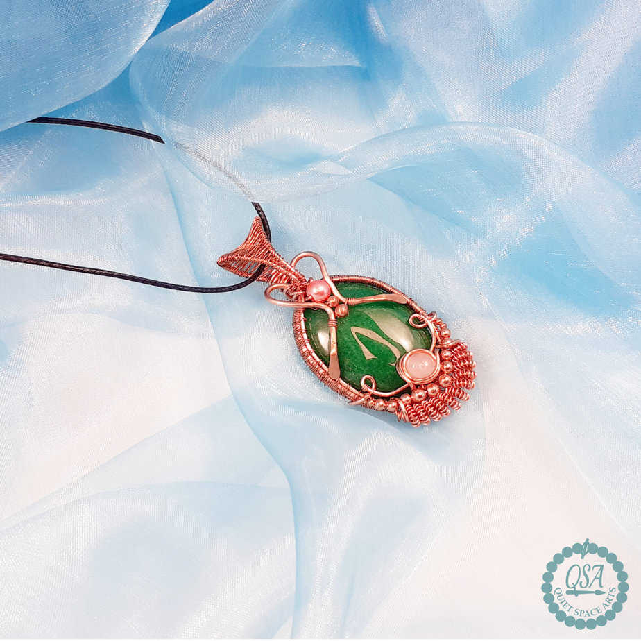 Green Spar Stone with Rose Quartz Copper Intricate Weft Pendant - handmade by Quiet Space Arts (view 5)