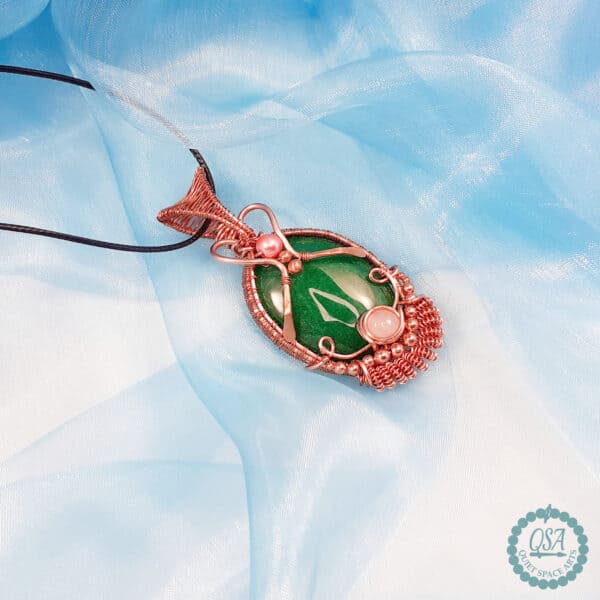 Green Spar Stone with Rose Quartz Copper Intricate Weft Pendant - handmade by Quiet Space Arts
