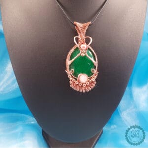 Green Spar Stone with Rose Quartz Copper Intricate Weft Pendant - handmade by Quiet Space Arts (view 3)