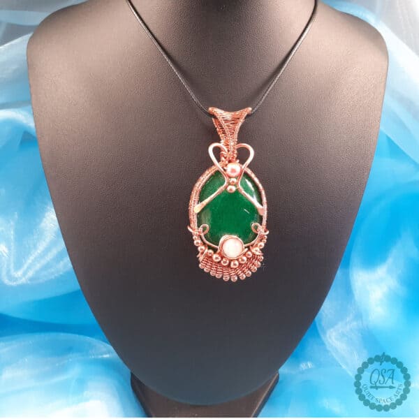 Green Spar Stone with Rose Quartz Copper Intricate Weft Pendant - handmade by Quiet Space Arts (view 4)