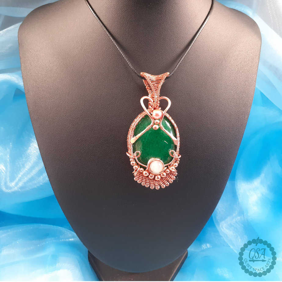 Green Spar Stone with Rose Quartz Copper Intricate Weft Pendant - handmade by Quiet Space Arts (view 4)