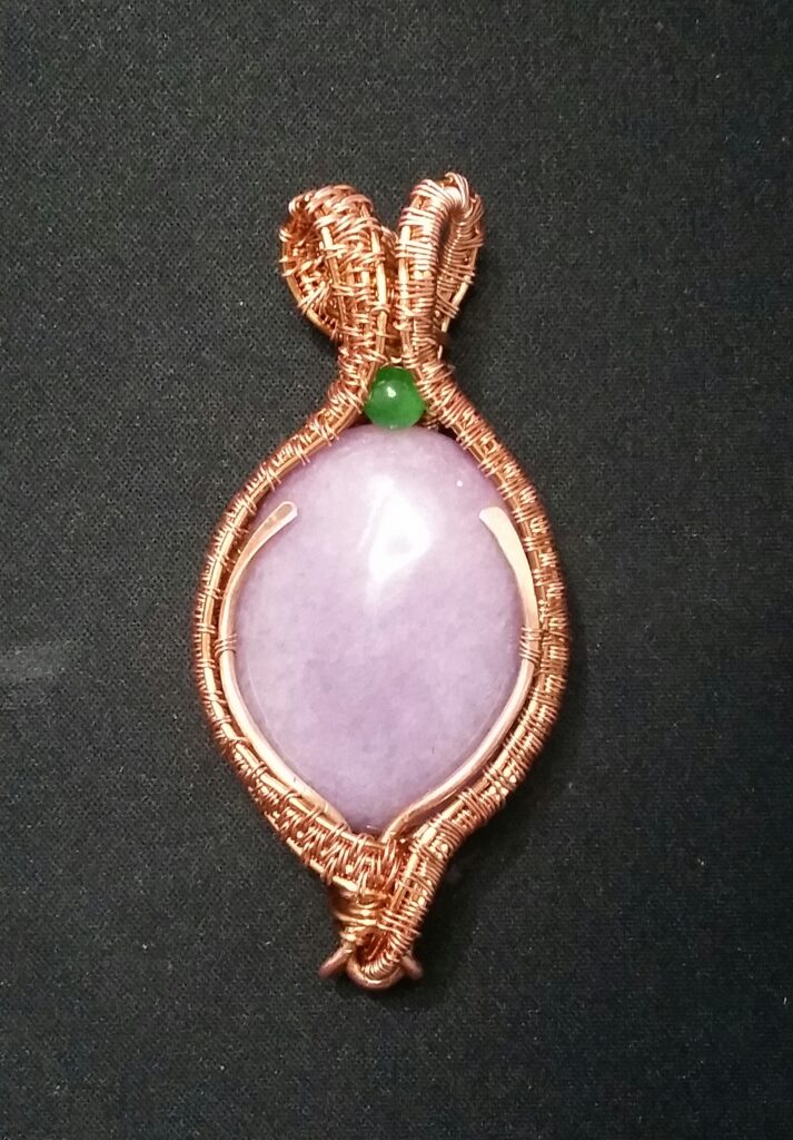 Lilac Purple Spar Stone with Green Cat's Eye Wrapped Copper Wire Necklace - handmade by Quiet Space Arts
