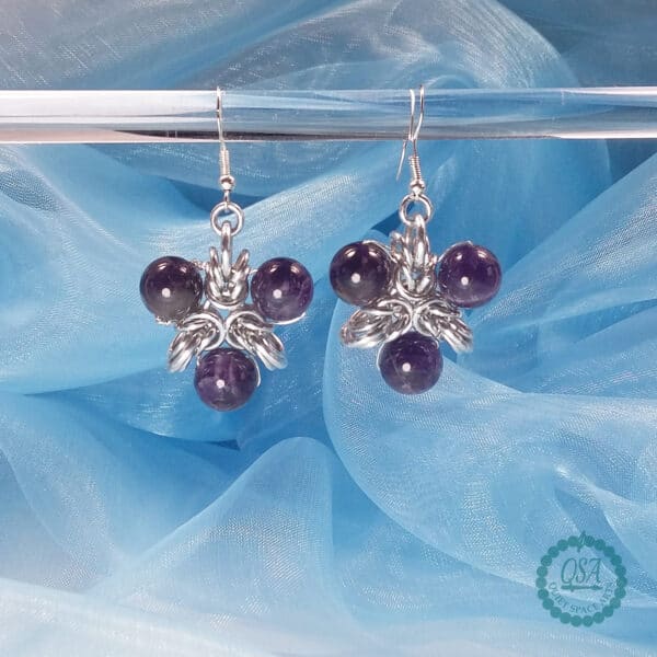 Chainmaille Elf Tri Star Amethyst Drop Earrings