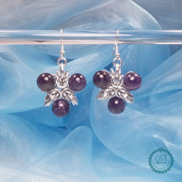 Chainmaille Elf Tri Star Amethyst Drop Earrings
