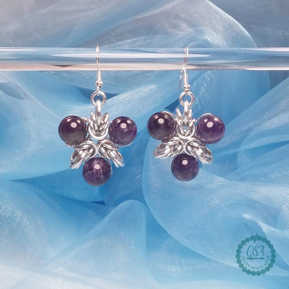Chainmaille Elf Tri Star Amethyst Drop Earrings - Image 1