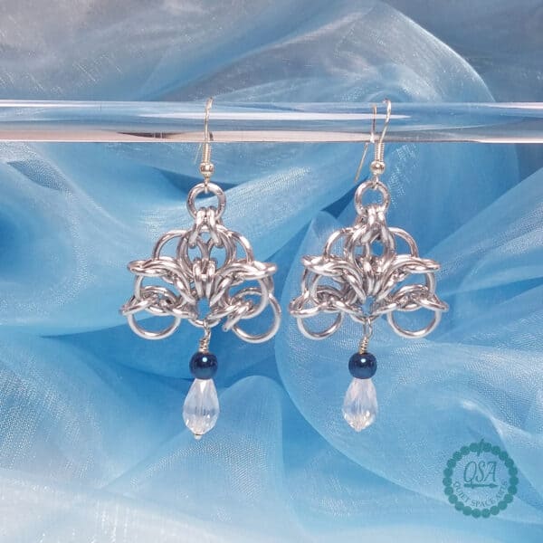 Chainmaille and Blue Haematite Open Fan Drop Earrings