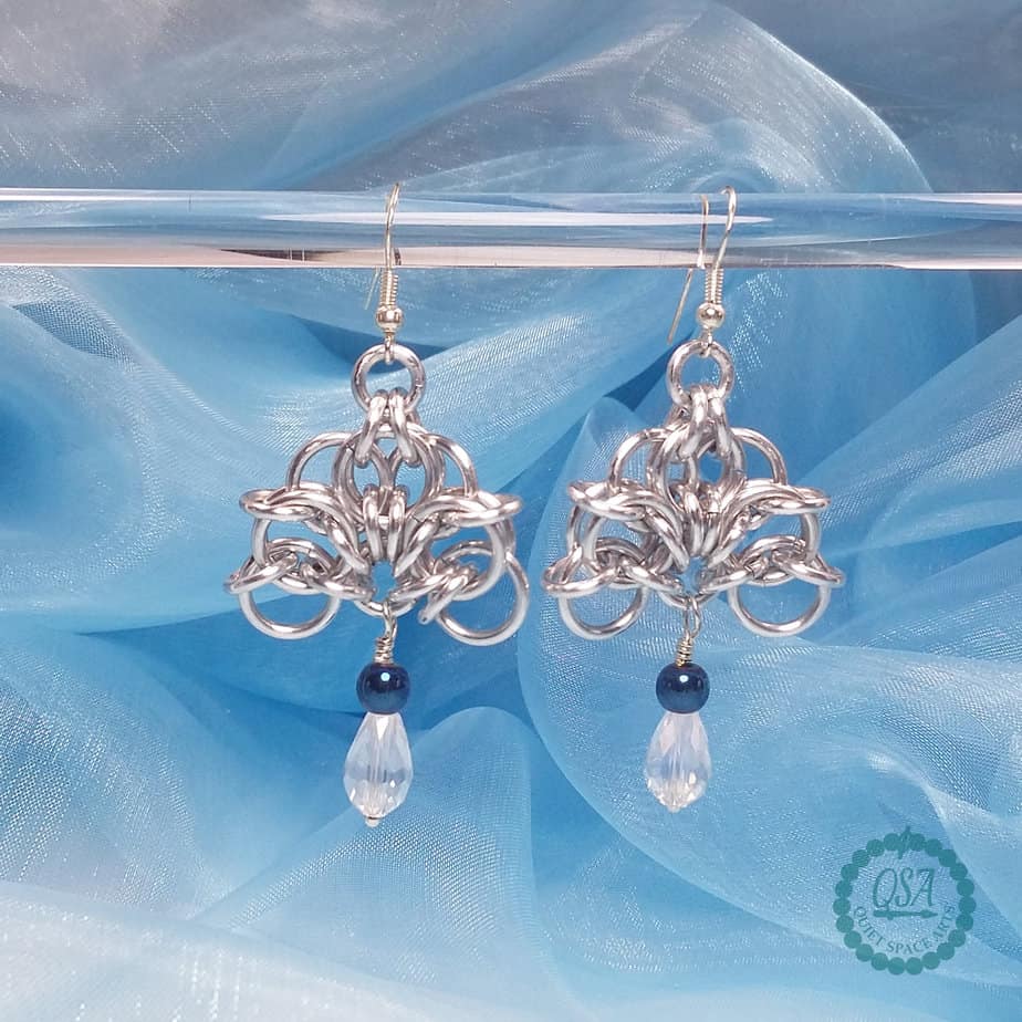 Chainmaille and Blue Haematite Open Fan Drop Earrings - Image 1