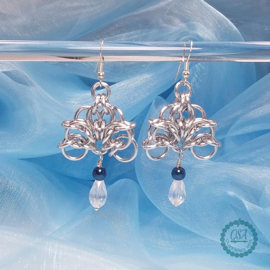 Chainmaille and Blue Haematite Open Fan Drop Earrings - Image 4