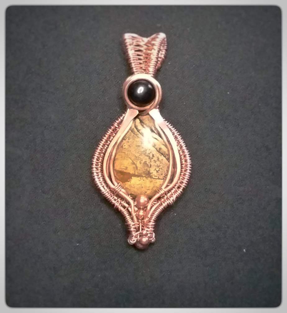 Picture Jasper Stone with Black Onyx Wrapped in Copper Wire Necklace - Image 2