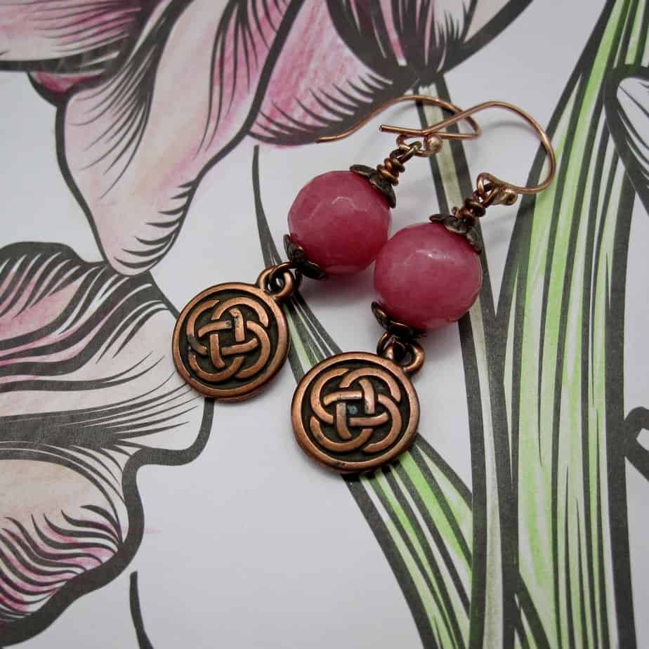 Celtic Style, Pink Quartzite Earrings, Rose Gold Plated, Gift for Her - handmade by Indigo Berry (view 3)