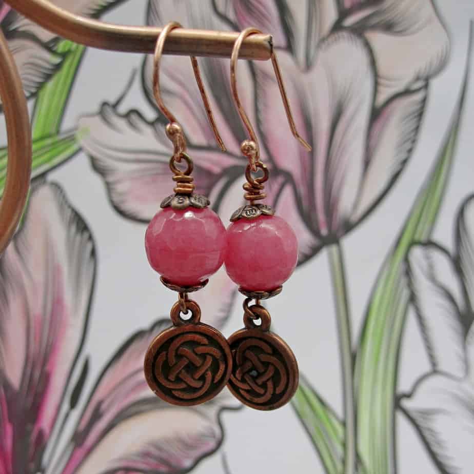 Celtic Style, Pink Quartzite Earrings, Rose Gold Plated, Gift for Her - handmade by Indigo Berry (view 2)