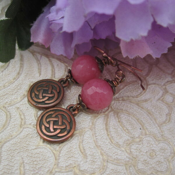 Celtic Style, Pink Quartzite Earrings, Rose Gold Plated, Gift for Her - handmade by Indigo Berry