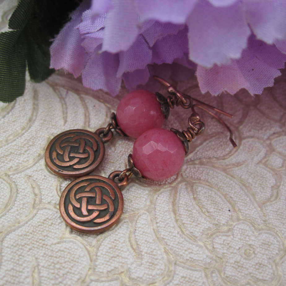 Celtic Style, Pink Quartzite Earrings, Rose Gold Plated, Gift for Her - handmade by Indigo Berry