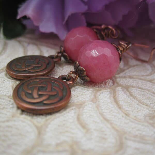 Celtic Style, Pink Quartzite Earrings, Rose Gold Plated, Gift for Her - handmade by Indigo Berry (view 4)
