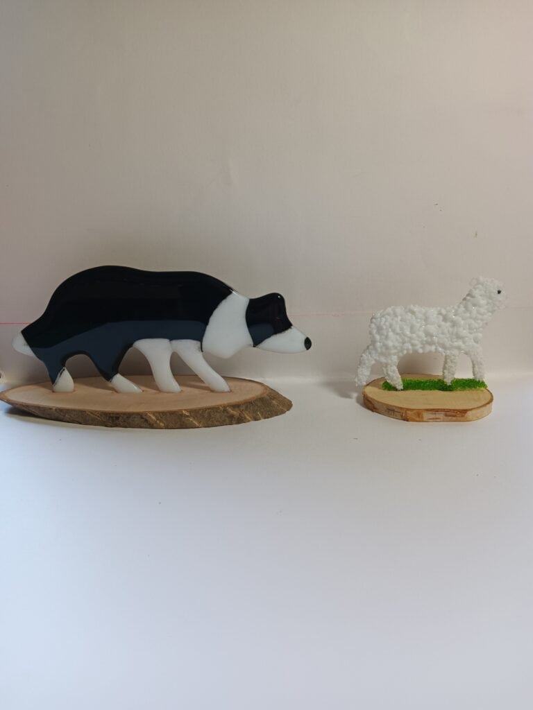 Collie sheep dog and a lamb - handmade by Arran Glass Artist