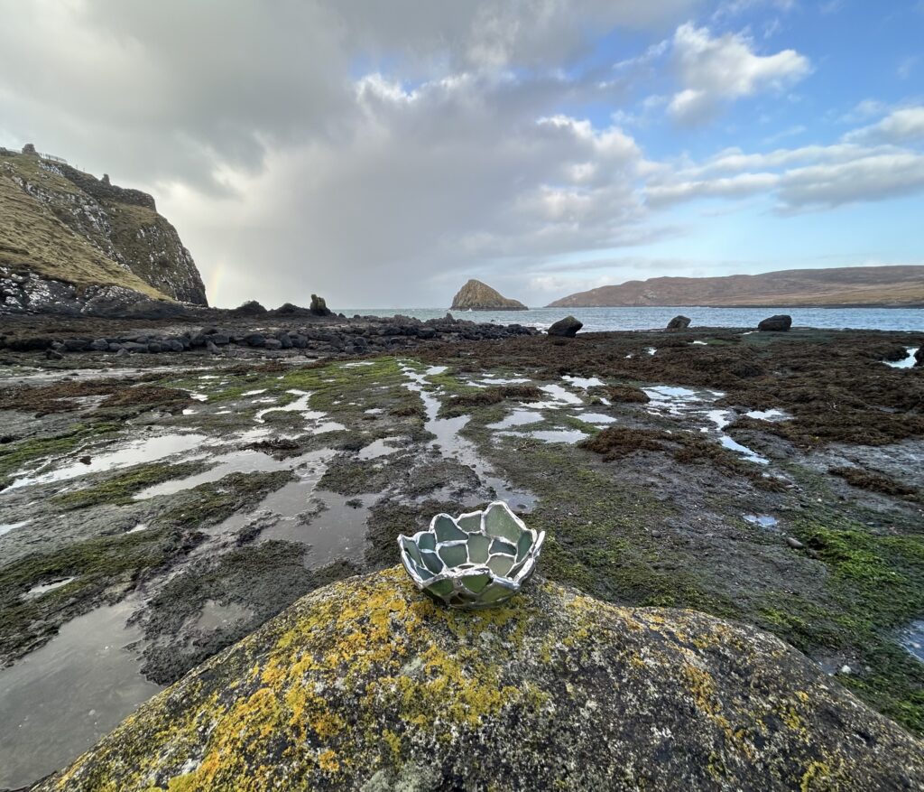Green sea glass trinket bowl using Tiffany copper foil method
