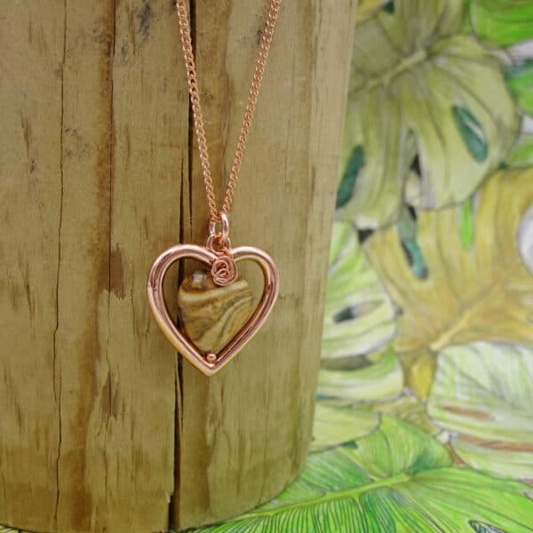 Heart Pendant with Woodland Jasper, Rose Gold Plated - handmade by Indigo Berry
