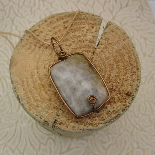 Rectangular pendant on gold plated snake chain. Fossil jasper with antique bronze wire frame finished with spiral detail at bottom.