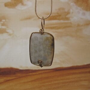 Rectangular pendant on gold plated snake chain. Fossil jasper with antique bronze wire frame finished with spiral detail at bottom.