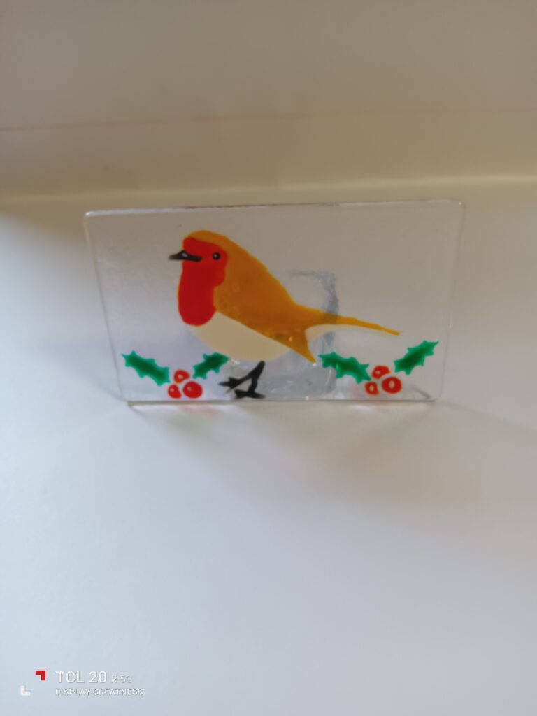 Fused glass Christmas Robin tea light holder