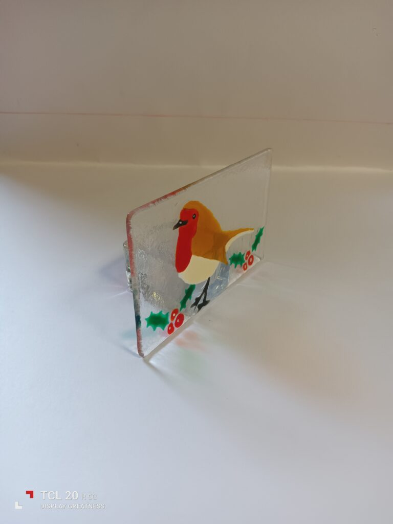 Fused glass Christmas Robin tea light holder