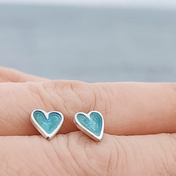 Turquoise Blue Enamelled Heart Ear Studs - handmade by Marion Miller Jewellery (view 3)