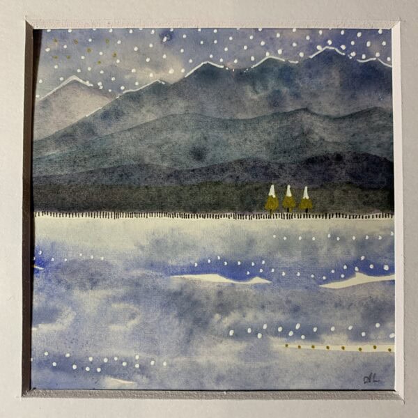 Snowy winter loch & hills original mounted painting