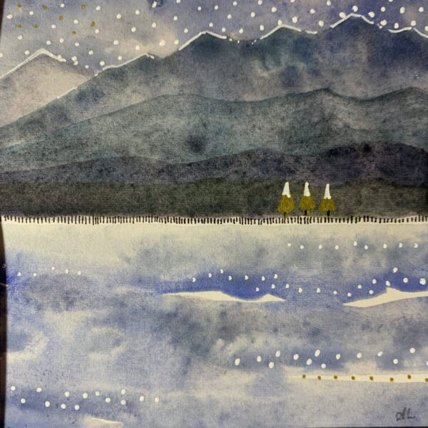 Snowy winter loch & hills original mounted painting
