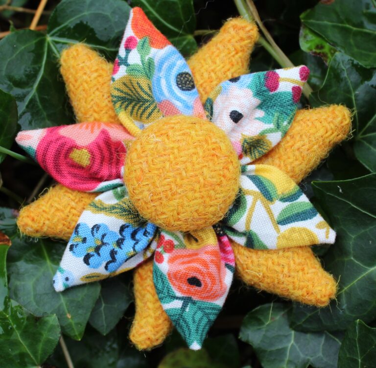 Yellow Harris Tweed and Floral Fabric Corsage Brooch