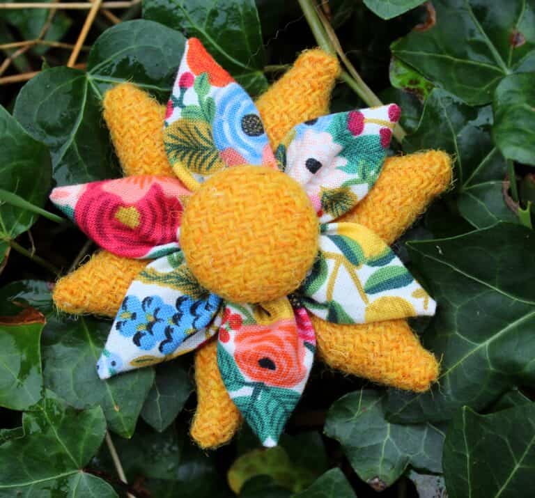 Yellow Harris Tweed and Floral Fabric Corsage Brooch