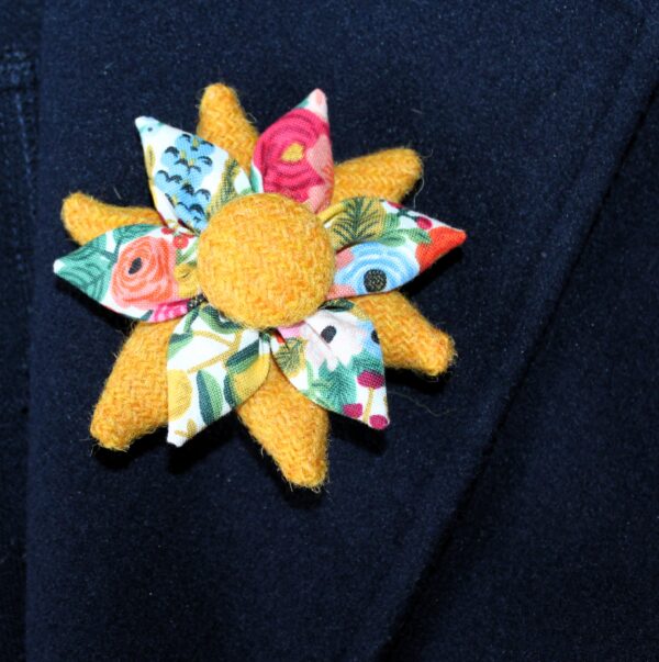 Yellow Harris Tweed and Floral Fabric Corsage Brooch