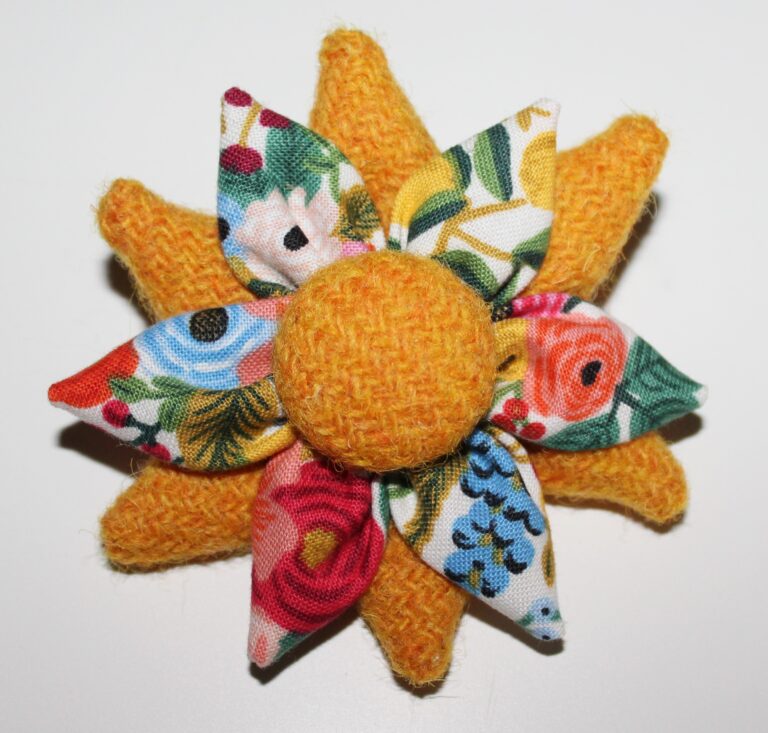 Yellow Harris Tweed and Floral Fabric Corsage Brooch
