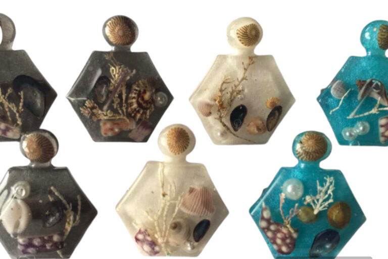 Hexagon bottle brooch, resin jewellery from Shetland. - handmade by Sarah Kay Arts