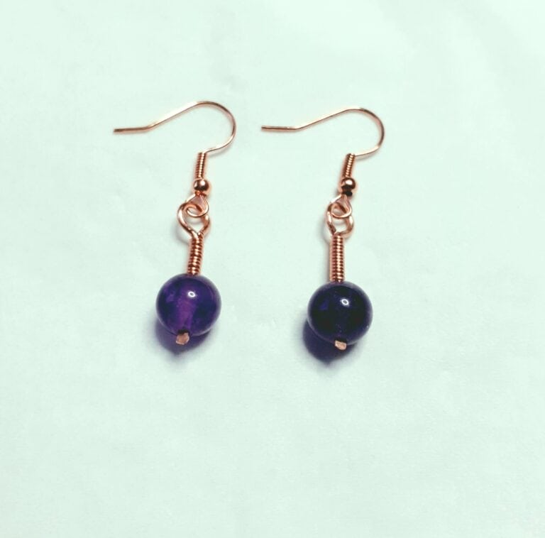 Amethyst Bead & Coiled Copper Drop Hook Earrings