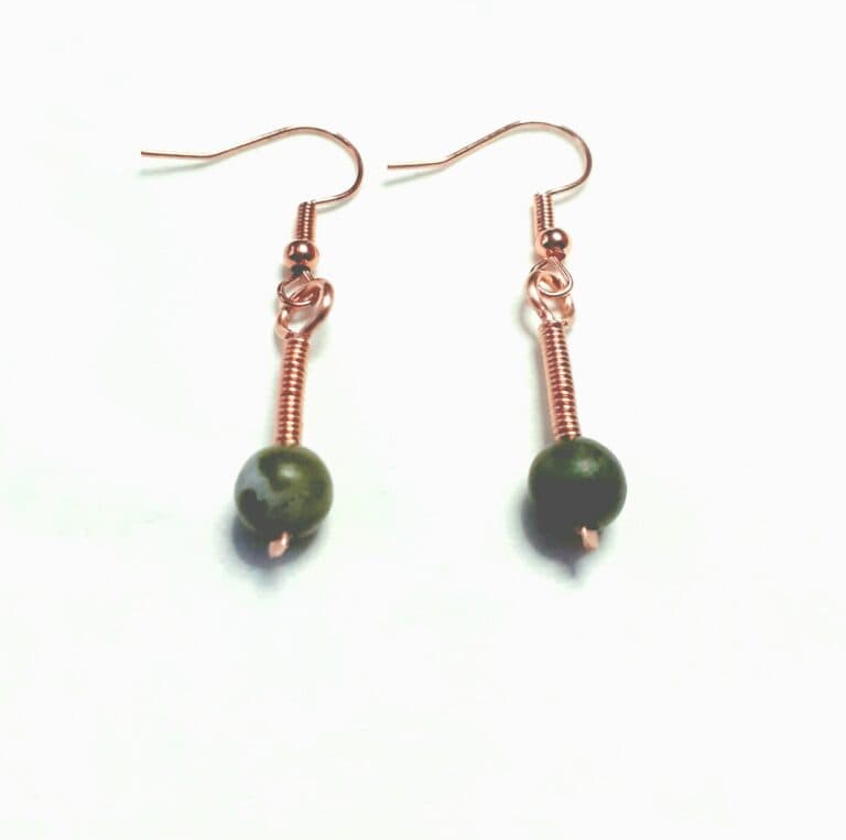 Chinese Jade Bead & Coiled Copper Drop Hook Earrings - handmade by Quiet Space Arts