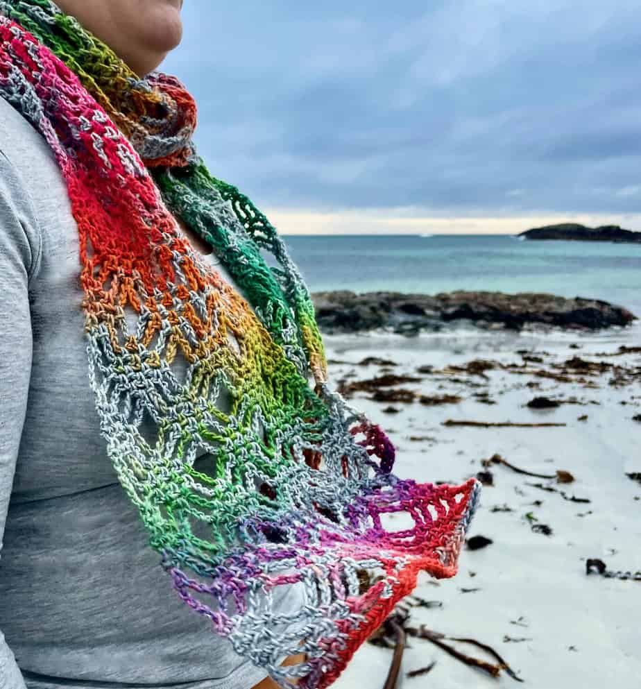 Neon Rainbow Crochet Scarf - handmade by Lubadair
